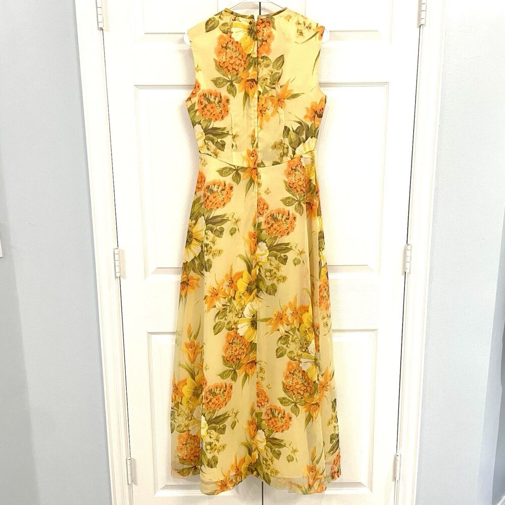 60s Vintage Yellow Floral Gown Sleeveless Maxi A-Line Dress Empire Waist Sz S/M - Picture 5 of 6